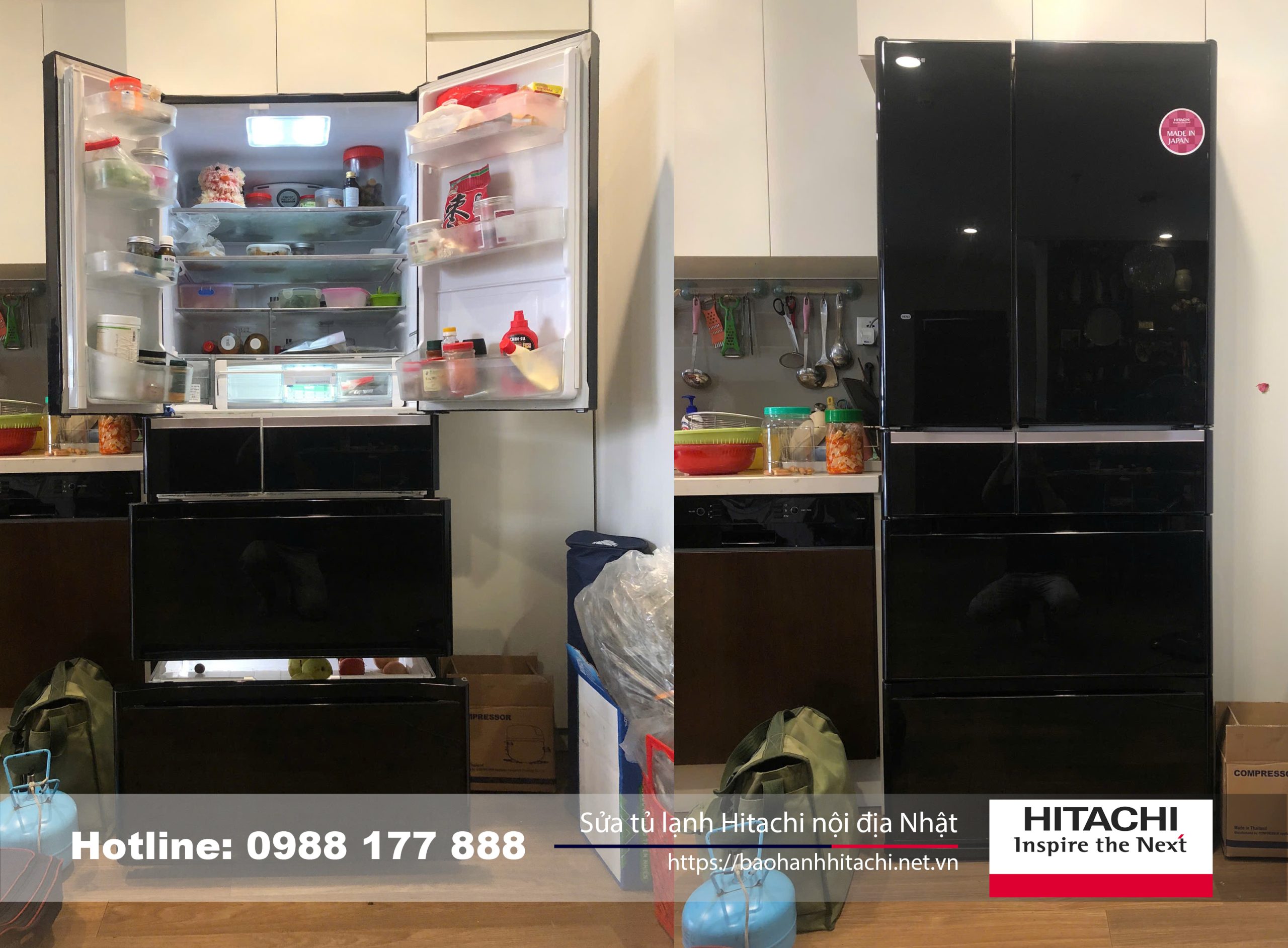 Bình chứa đá Hitachi nội địa Nhật trong tủ lạnh gia đình hiện đại, thiết kế sang trọng, tiện lợi cho việc bảo quản thực phẩm tươi sống.